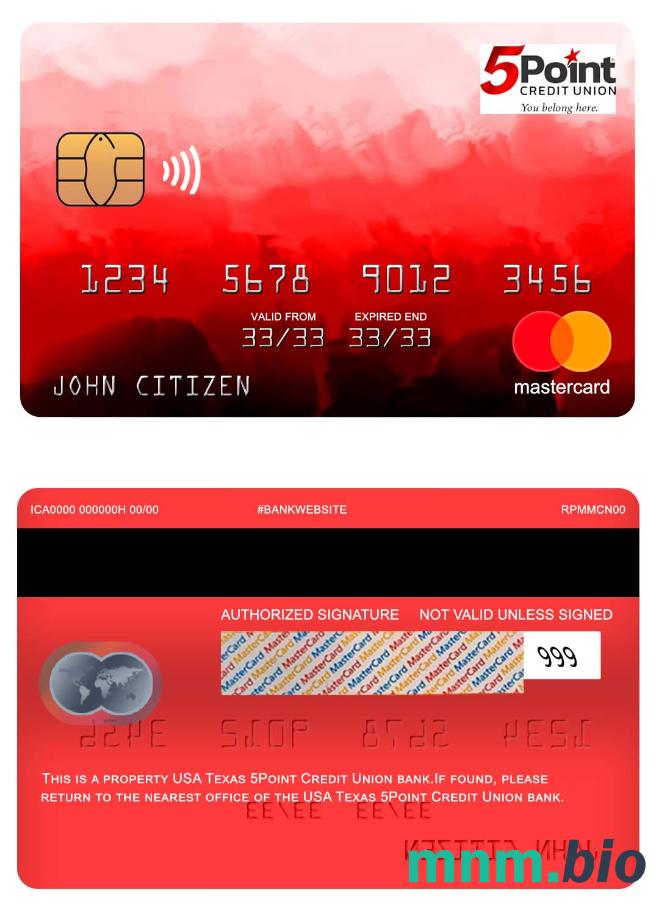 USA Texas 5Point Credit Union bank przykład karty mastercard w formacie PSD